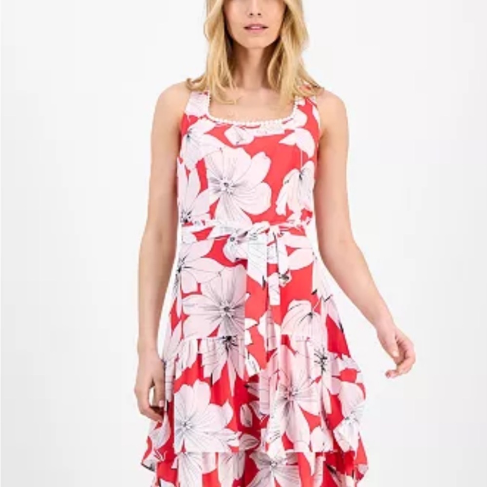 Anne Klein New With Tag Red and White Floral High Low Dress Size 14 - Picture 3 of 11